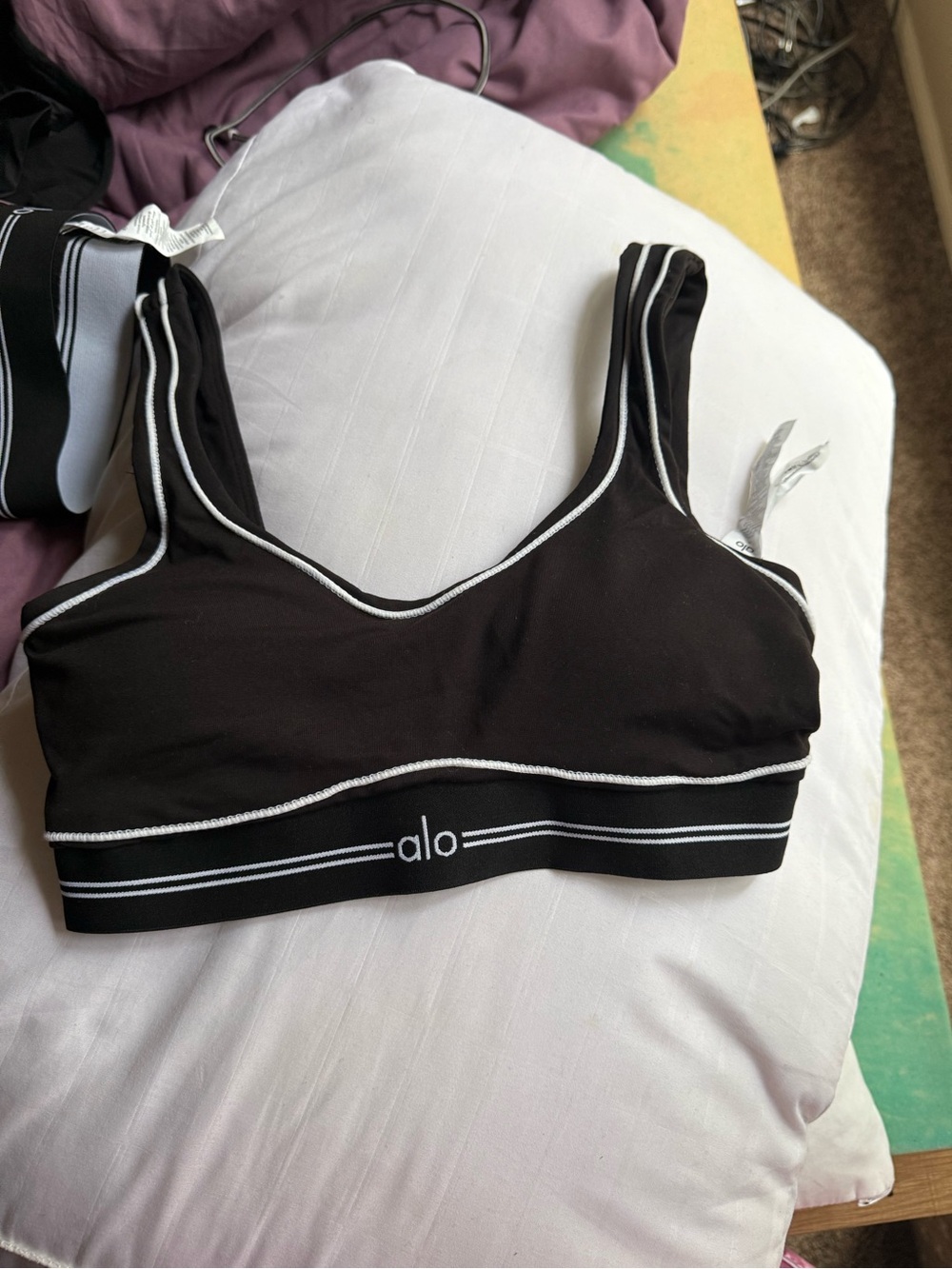 Alo Women's Black & White Striped V-Neck Sports Bra and legging set